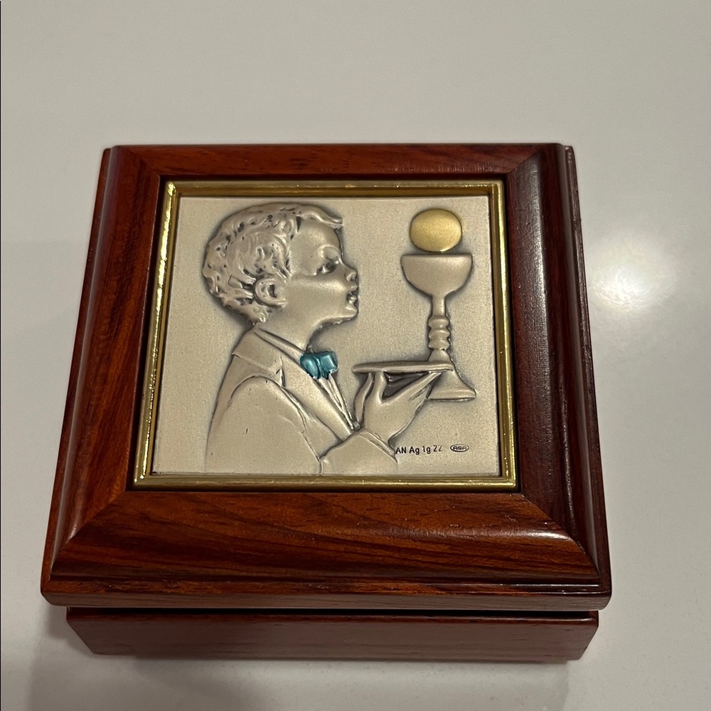 Walnut First Holy Communion Rosary Box w/ Boy & Chalice Sterling Silver Plaque